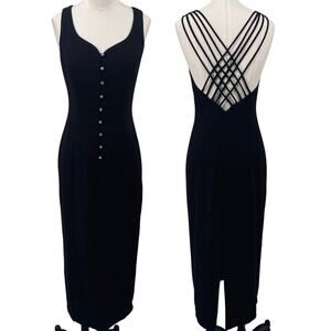 Vintage 90s Strappy Criss Cross Back Maxi Dress Embellished Button Front Black 2